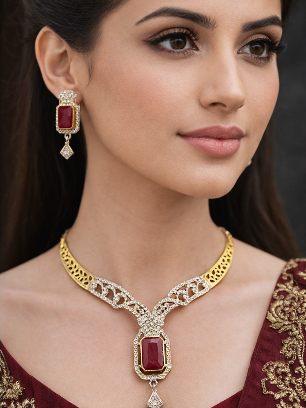 Red Stone Crystal Necklace & Earrings Set Two-Tone Gold Silver Party Wedding
